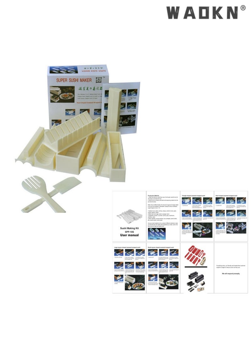 WAOKN 10 Pieces Set DIY Sushi Making Kit Ware Seaweed Sushi Mould with 8 Different Shapes of Sushi Rice Roll Mold Square Round Heart-shaped Rice and Vegetable Roll Home Cooking Tool Off-white  - Image 1