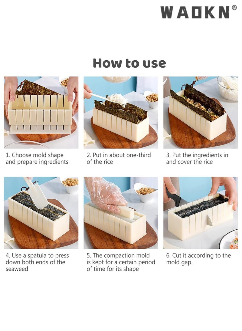 WAOKN 10 Pieces Set DIY Sushi Making Kit Ware Seaweed Sushi Mould with 8 Different Shapes of Sushi Rice Roll Mold Square Round Heart-shaped Rice and Vegetable Roll Home Cooking Tool Off-white  - Image 3