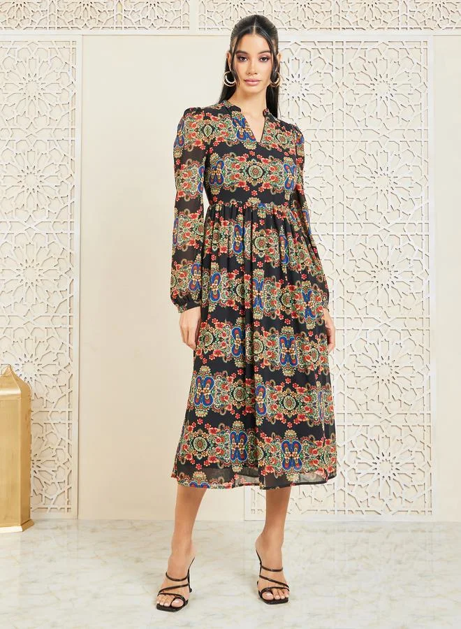 Styli Bohemian Print Notch Neck A-Line Midi Dress