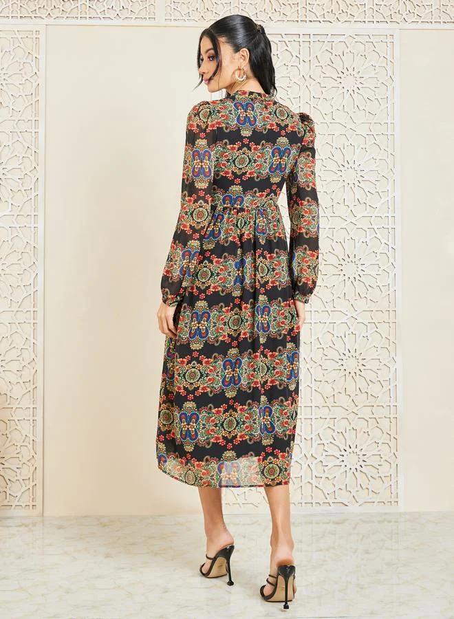 Styli Bohemian Print Notch Neck A-Line Midi Dress