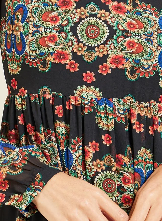 Styli Bohemian Print Notch Neck A-Line Midi Dress