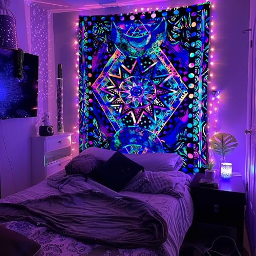 Fowocu Blacklight Sun and Moon Tapestry Glow in The Dark Neon Hippie Bohemian Tapestries for Bedroom Aesthetic UV Reactive Purple Celestial Tie Dye Tapestry Wall Hanging for Living Room Dorm (40'' × 30'') - Image 3
