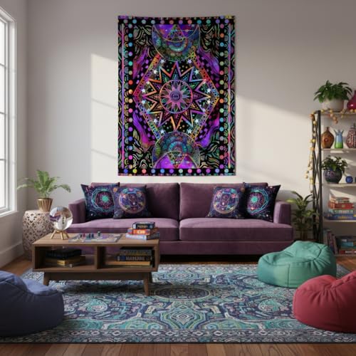 Fowocu Blacklight Sun and Moon Tapestry Glow in The Dark Neon Hippie Bohemian Tapestries for Bedroom Aesthetic UV Reactive Purple Celestial Tie Dye Tapestry Wall Hanging for Living Room Dorm (40'' × 30'') - Image 2