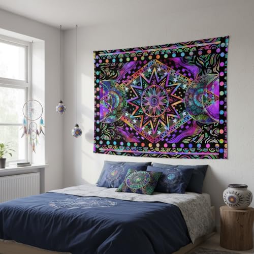 Fowocu Blacklight Sun and Moon Tapestry Glow in The Dark Neon Hippie Bohemian Tapestries for Bedroom Aesthetic UV Reactive Purple Celestial Tie Dye Tapestry Wall Hanging for Living Room Dorm (40'' × 30'') - Image 5