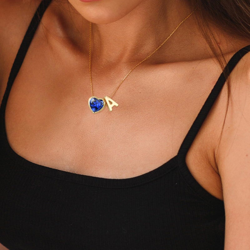 Esrial Heart Birthstone Initial Necklace for Women Girls,14K Gold Plated Heart Letter A-Z Necklace Dainty Birthday Trendy Jewelry Gifts for Women Girls Daughter(September,Initial A) - Image 2