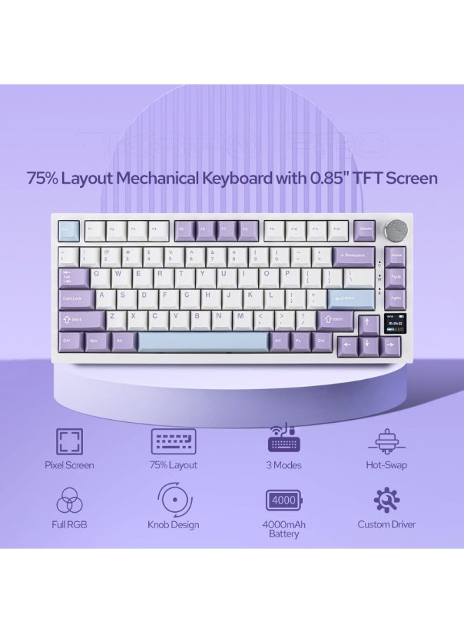 كيبورد ميكانيكي بنسبة 75%، بتصميم مثبت بحشوات (Gasket-Mounted) مع شاشة TFT ذكية ومقبض تحكم (Knob)، يدعم الاتصال عبر بلوتوث 5.1 / لاسلكي 2.4 جيجاهرتز / سلكي Type-C (تخصيص: أبيض/بنفسجي، مع مفاتيح Flying Fish) - Image 2