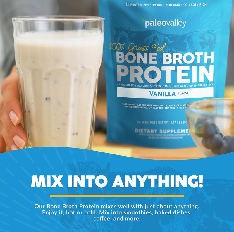 Paleovalley بروتين مسحوق مرق العظام من باليو فالي 100% من لحم العشب بنكهة الفانيليا غني بالكولاجين لصحة الشعر والبشرة والأمعاء ودعم العظام والمفاصل 28 حصة - Image 5
