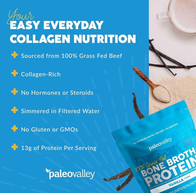 Paleovalley بروتين مسحوق مرق العظام من باليو فالي 100% من لحم العشب بنكهة الفانيليا غني بالكولاجين لصحة الشعر والبشرة والأمعاء ودعم العظام والمفاصل 28 حصة - Image 3
