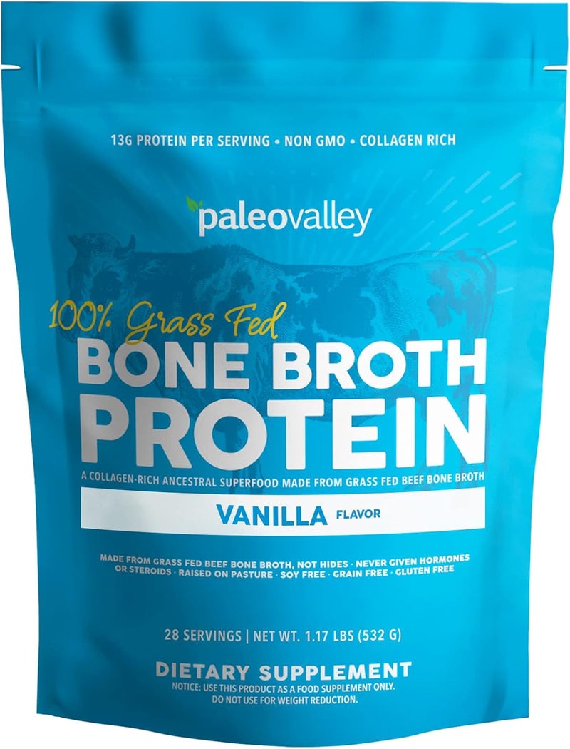 Paleovalley بروتين مسحوق مرق العظام من باليو فالي 100% من لحم العشب بنكهة الفانيليا غني بالكولاجين لصحة الشعر والبشرة والأمعاء ودعم العظام والمفاصل 28 حصة - Image 1