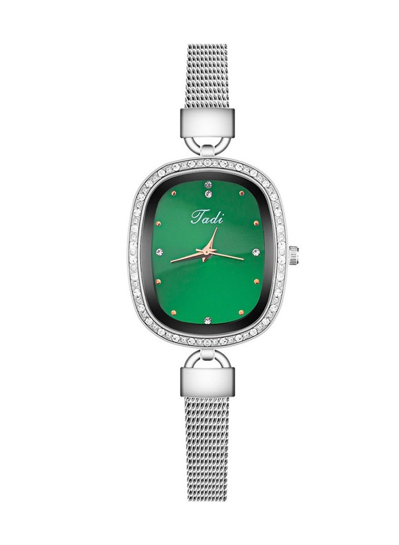 Women's watch with diamond, fine mesh bracelet, quartz women's watch, personalized mother-of-pearl oval watch (green)  - Image 1