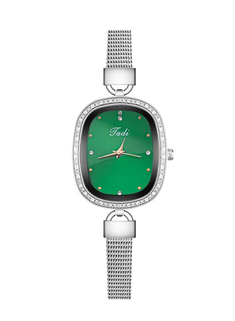Women's watch with diamond, fine mesh bracelet, quartz women's watch, personalized mother-of-pearl oval watch (green)  - Image 2