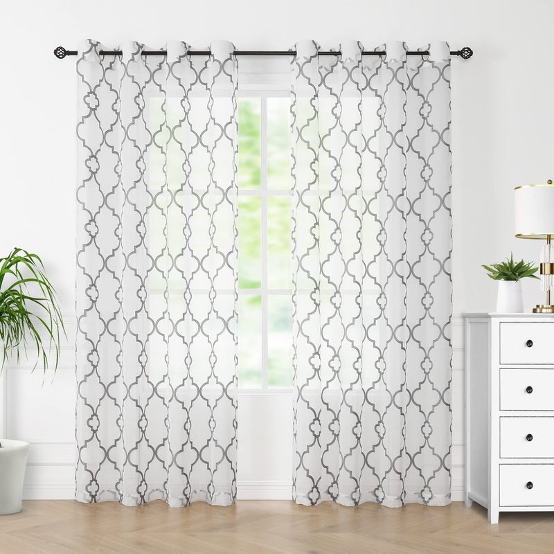 Urban Lotus Moroccan Embroidered Semi Sheer Curtains for Living Room 108 Long Linen Textured Grey White Geometric Sheer Curtains Privacy  Light Filtering Grommet Drapes for Guest Bedroom 52 W x 2pcs