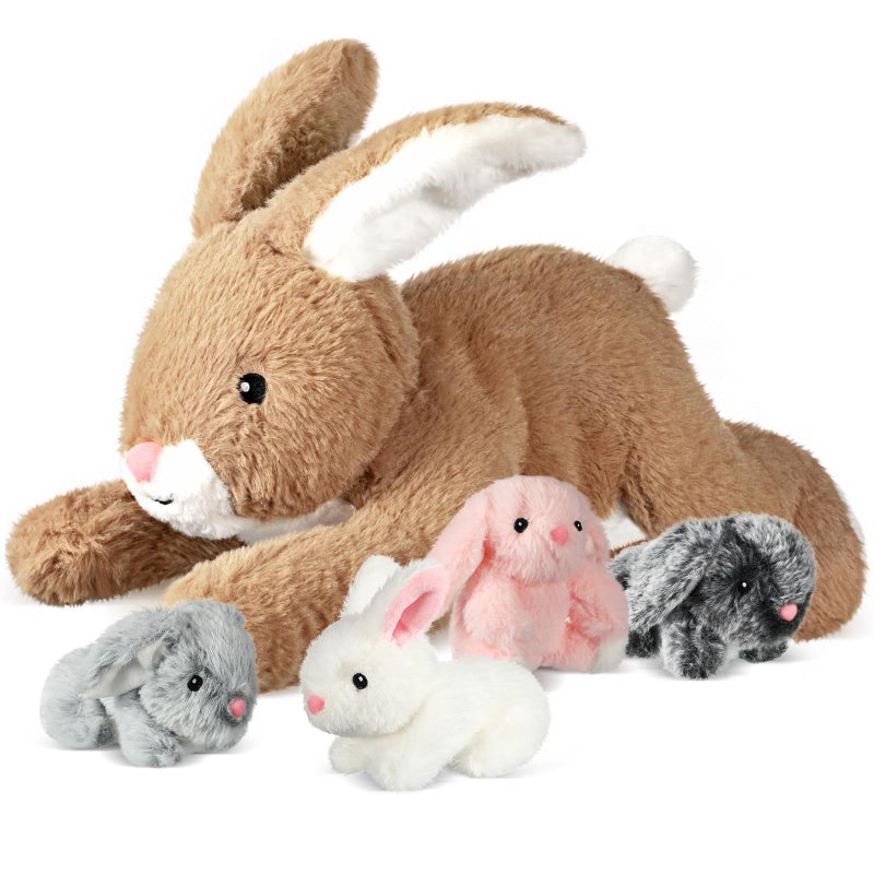 Syhood 5 Pieces Bunny Stuffed Animals Plush Set Easter Gifts Mommy Bunny Plush Doll with 4 Babies Cute Fluffy Rabbits in Mommy Stuffed Rabbit for Huggable Sleeping Holiday Birthday - Image 3