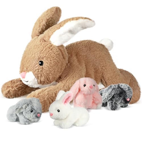 Syhood 5 Pieces Bunny Stuffed Animals Plush Set Easter Gifts Mommy Bunny Plush Doll with 4 Babies Cute Fluffy Rabbits in Mommy Stuffed Rabbit for Huggable Sleeping Holiday Birthday - Image 1