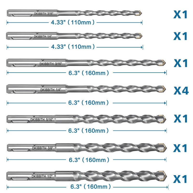 DKIBBITH 10-Piece SDS Plus Drill Bits Rotary Hammer Drill Bit Set, Carbide Tipped for Drilling Concrete Cement Porcelain Tiles Ceramic Pots Stone Brick, Dia 3/16" 1/4" 5/16" 3/8" 1/2" - Image 2