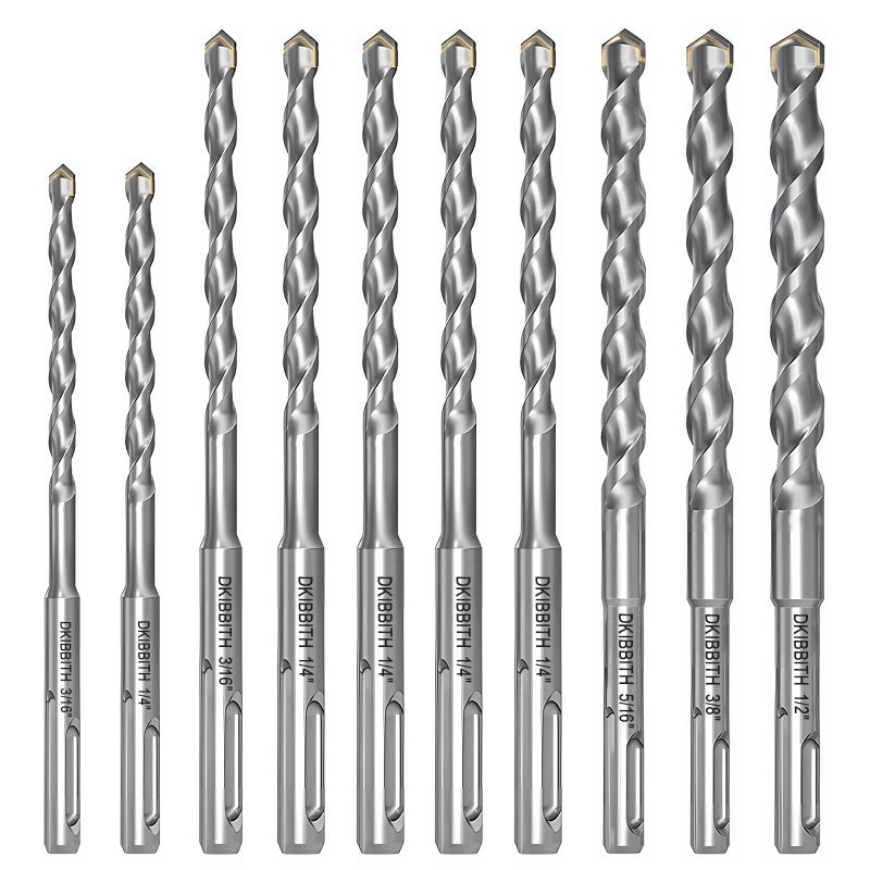 DKIBBITH 10-Piece SDS Plus Drill Bits Rotary Hammer Drill Bit Set, Carbide Tipped for Drilling Concrete Cement Porcelain Tiles Ceramic Pots Stone Brick, Dia 3/16" 1/4" 5/16" 3/8" 1/2" - Image 1