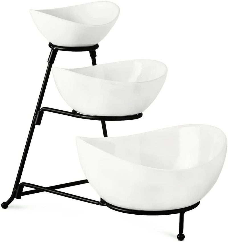Gomakren Gomakren 3 Tiered Oval Serving Bowl With Collapsible Metal Rack Chip and Dip Serving Set Dessert Appetizer Candy Fruit Vegetable Bowl Set White Serving Bowls For Entertaining Black Stand