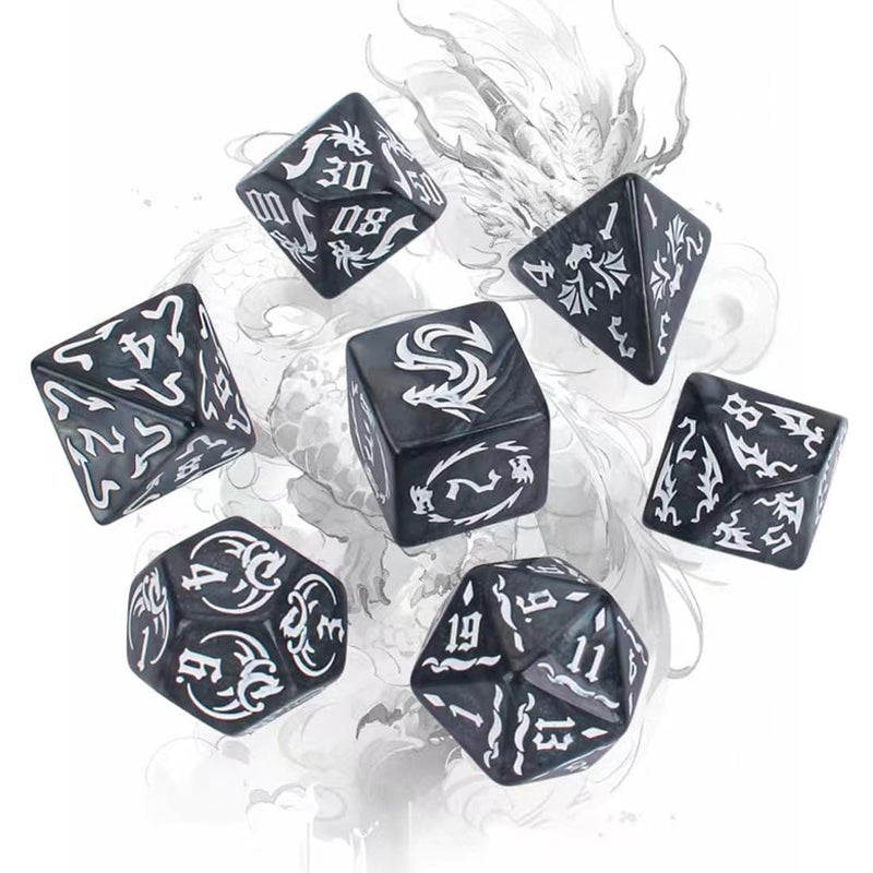 squishy 7Pcs Dice Set, Dragon Themed Polyhedral Dice,Black Dice Set with Storage Bag for Tabletop RPG,Role Playing Games and Dice Games - Image 3