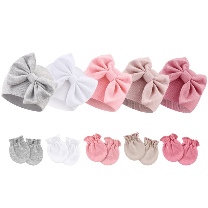 DRESHOW BQUBO Newborn Baby Girls Hats Mittens Set Hospital Hat Beanie Infant Bow Hats Baby Cotton Gloves No Scratch Mittens for 0-6 Months - Image 1