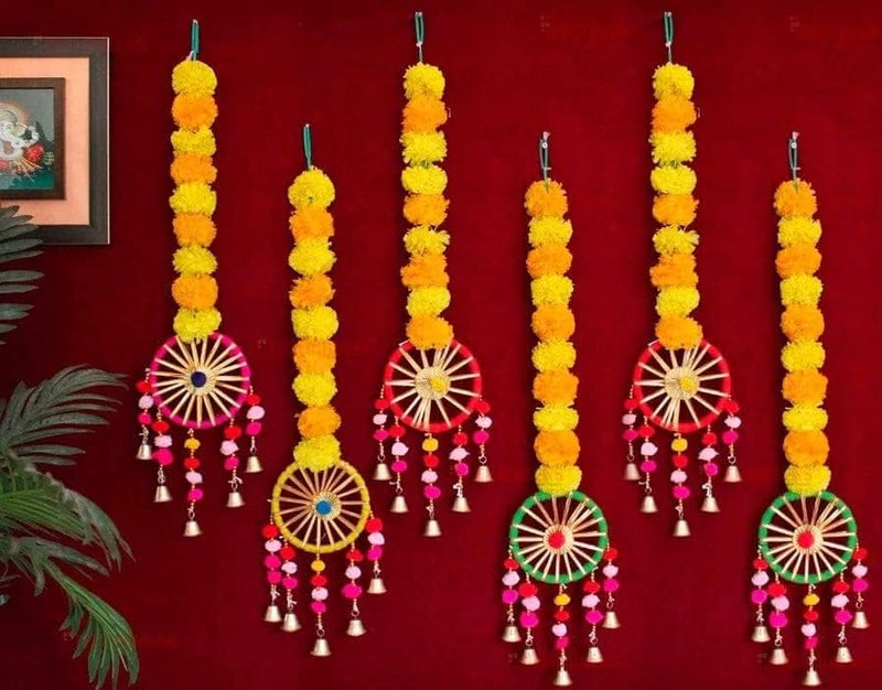 SVDK Set of 6 Orange Yellow Artificial Marigold Flowers Wall Door Hanging Latkan Toran with Pom Pom Bells for Home and Wedding Decoration