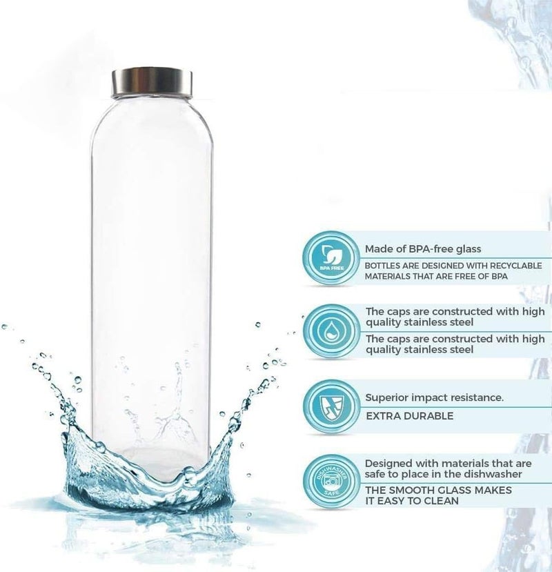 BrezzyCloud Glass Fridge Water Bottle with Steel Cap | Leak proof & detox water bottle glass | Wide mouth & Easy to Clean | Best Usage for Office/School/College | Set of 6, 800ml | Clear - Image 5