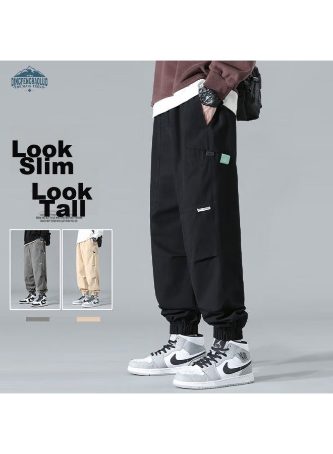 Dingfengbaoluo Style Cargo Pants For Men, Autumn And Winter Fashion, Elastic Ankle, Casual American Style, Plus Size, Loose Fit, Yk533, Black, XL - Image 1