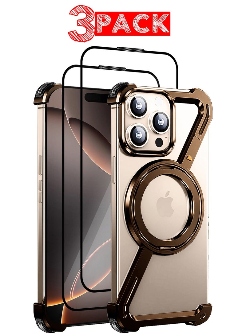 (for iPhone 16 Pro Max) 3 Pack Case and 2 Screen Protectors 360° Rotation, Aluminum and Metal Stand, Frameless, Shock Grade Protective Case Desert Titanium - Image 1
