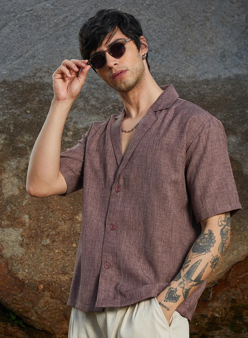 Campus Sutra Campus Sutra Men's Brown Stone Heathered Korean Oversized Shirt For Casual Wear | Lapel Collar | Short Sleeve | Button Closure | Oversized Shirt Crafted With Comfort Fit For Everyday Wear