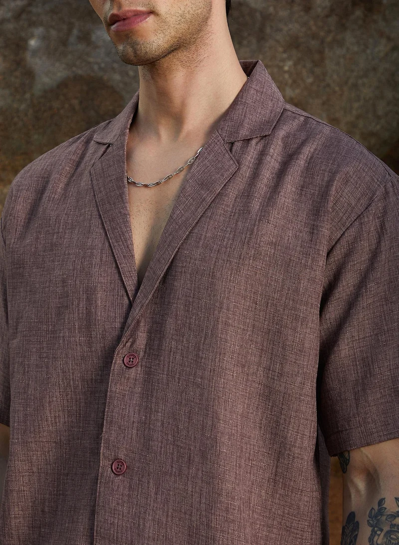 Campus Sutra Campus Sutra Men's Brown Stone Heathered Korean Oversized Shirt For Casual Wear | Lapel Collar | Short Sleeve | Button Closure | Oversized Shirt Crafted With Comfort Fit For Everyday Wear