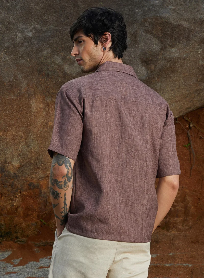 Campus Sutra Campus Sutra Men's Brown Stone Heathered Korean Oversized Shirt For Casual Wear | Lapel Collar | Short Sleeve | Button Closure | Oversized Shirt Crafted With Comfort Fit For Everyday Wear