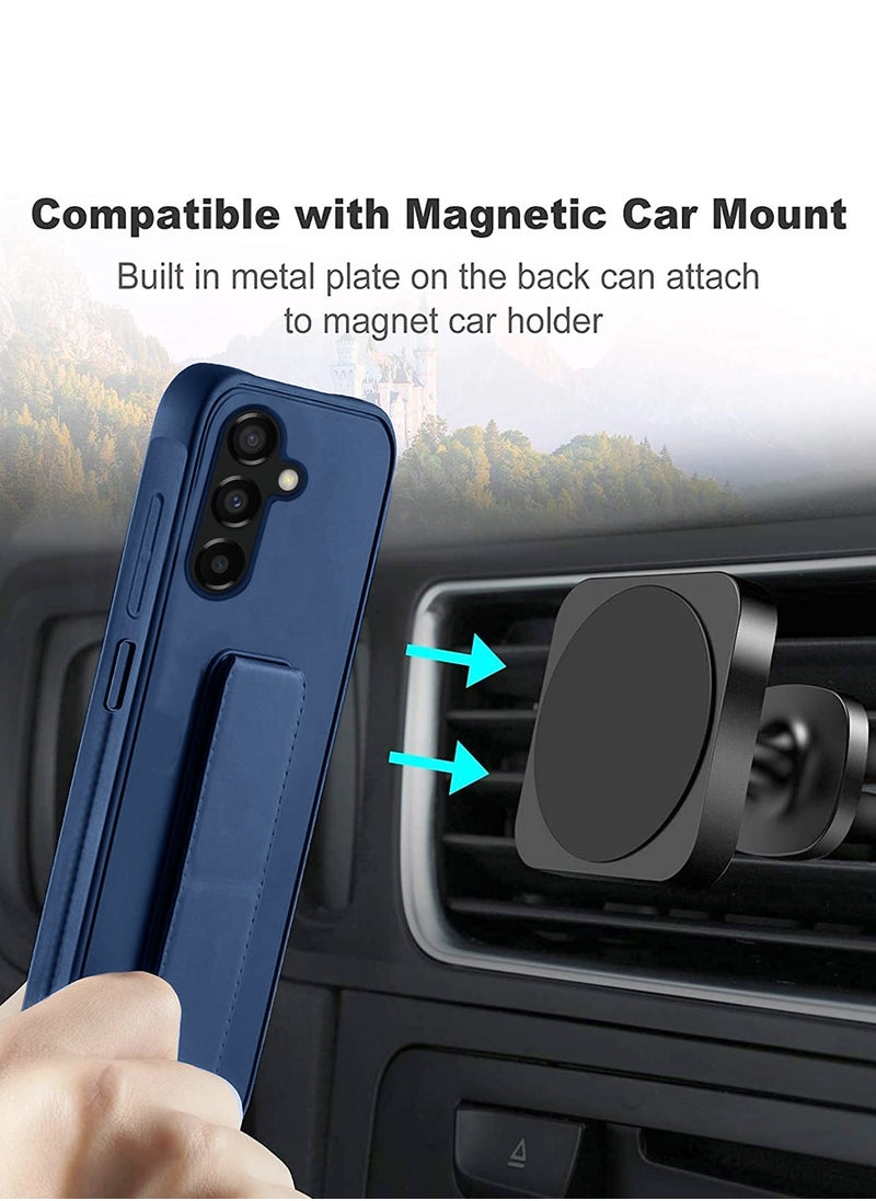 Hand Grip And Multi Stand Magnetic Car Mount Kickstand Case Finger Strap Cover For Samsung Galaxy S24 Plus / S24+ 5G 2024 Navy Blue