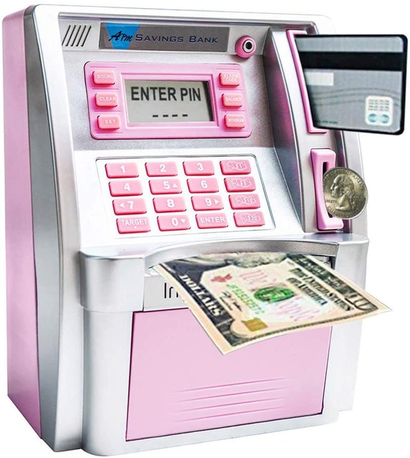 LB 2025 Upgraded ATM Savings Bank for Real Money for Adults Kids with Card Mini ATM Piggy Bank Machine for Boys Girls Password LoginCoin RecognitionBalance CalculatorElectronic Safe Box SilverPink - Image 2