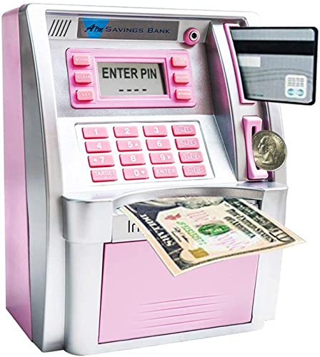 LB 2025 Upgraded ATM Savings Bank for Real Money for Adults Kids with Card Mini ATM Piggy Bank Machine for Boys Girls Password LoginCoin RecognitionBalance CalculatorElectronic Safe Box SilverPink - Image 1