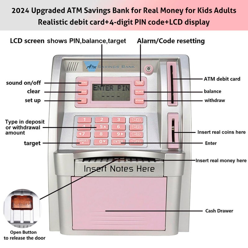 LB 2025 Upgraded ATM Savings Bank for Real Money for Adults Kids with Card Mini ATM Piggy Bank Machine for Boys Girls Password LoginCoin RecognitionBalance CalculatorElectronic Safe Box SilverPink - Image 3