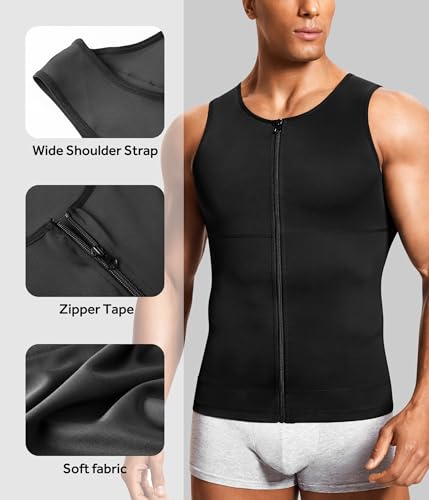 MOLUTAN Mens Compression Shirt Belly Slimming Body Shaper Vest Sleeveless Zipper Undershirt Tank Top Shapewear for Stomach and Back (Black, Medium) - Image 3