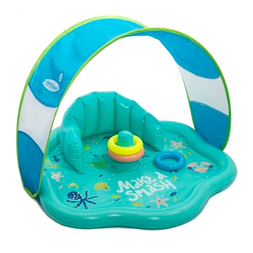 SwimSchool Baby Splash Play Mat with Adjustable Canopy Inflatable Play Pool for Babies Infants with Backrest Includes Baby Water Toy Rings - Image 1