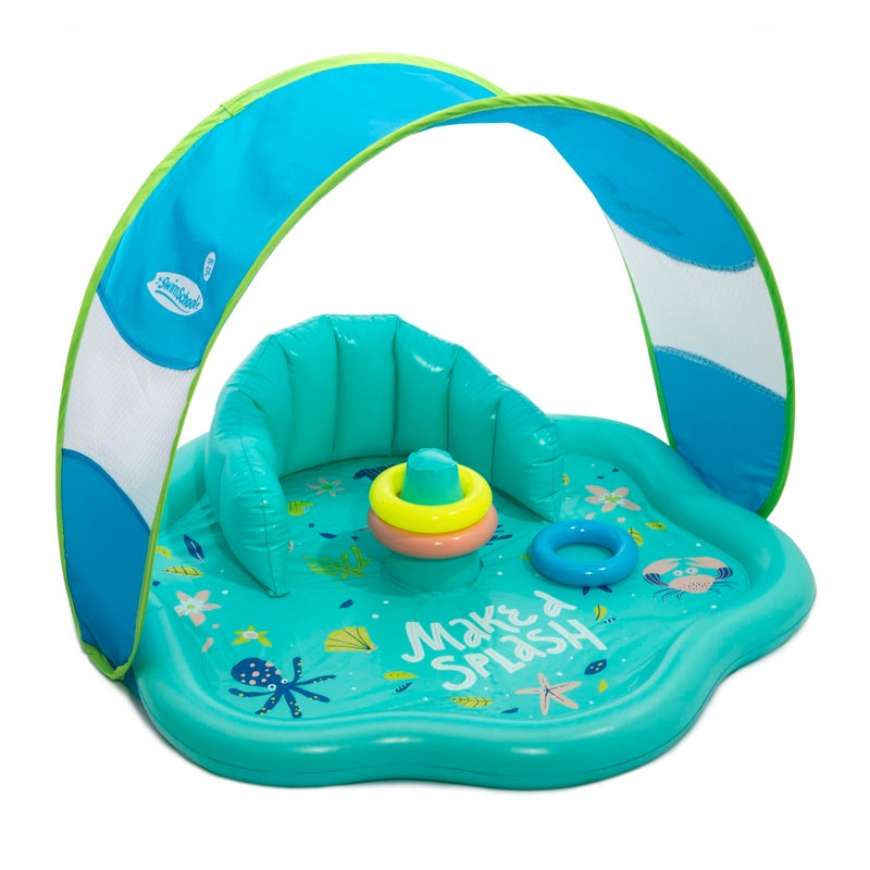 SwimSchool Baby Splash Play Mat with Adjustable Canopy Inflatable Play Pool for Babies Infants with Backrest Includes Baby Water Toy Rings - Image 2