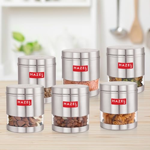 HAZEL Transparent Kitchen Containers Set of 6 | 700ml Airtight Stainless Steel Transparent Storage Jars | Multipurpose Glossy Steel Organizer - Image 1