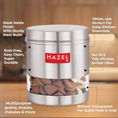 HAZEL Transparent Kitchen Containers Set of 6 | 700ml Airtight Stainless Steel Transparent Storage Jars | Multipurpose Glossy Steel Organizer - Image 4