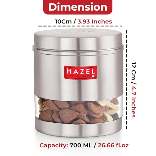 HAZEL Transparent Kitchen Containers Set of 6 | 700ml Airtight Stainless Steel Transparent Storage Jars | Multipurpose Glossy Steel Organizer - Image 3