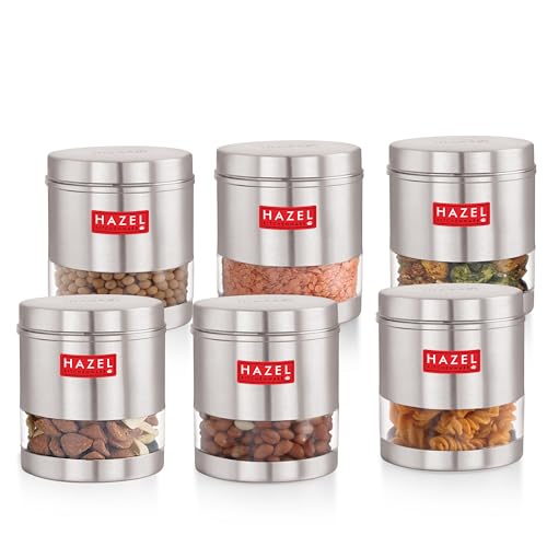 HAZEL Transparent Kitchen Containers Set of 6 | 700ml Airtight Stainless Steel Transparent Storage Jars | Multipurpose Glossy Steel Organizer - Image 2