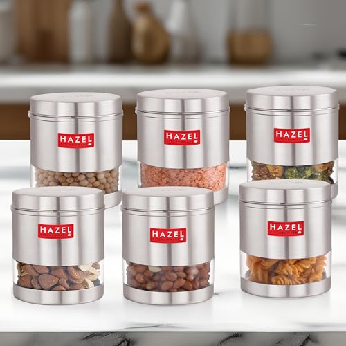 HAZEL Transparent Kitchen Containers Set of 6 | 700ml Airtight Stainless Steel Transparent Storage Jars | Multipurpose Glossy Steel Organizer - Image 5