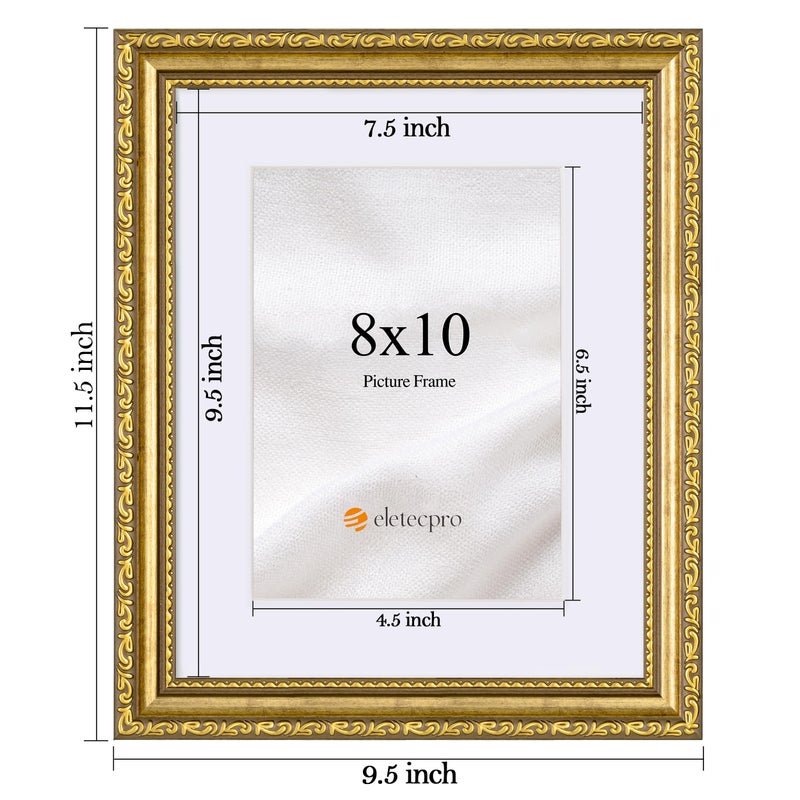 eletecpro 8x10 Picture Frames Set of 2, Gold Picture Frames with Glass Cover, Vintage Photo Frame Displays 5x7 Photo with Mat or 8x10 without Mat for Tabletop or Wall Decor, Gold - Image 3