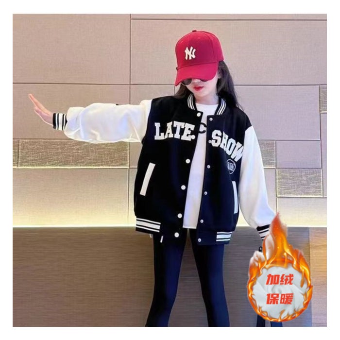 Girls' Children'S Wear Coat 2024 Western-Style Baseball Suit Girls' Fleece-Lined Jacket Autumn Clothes Fashion - Image 1