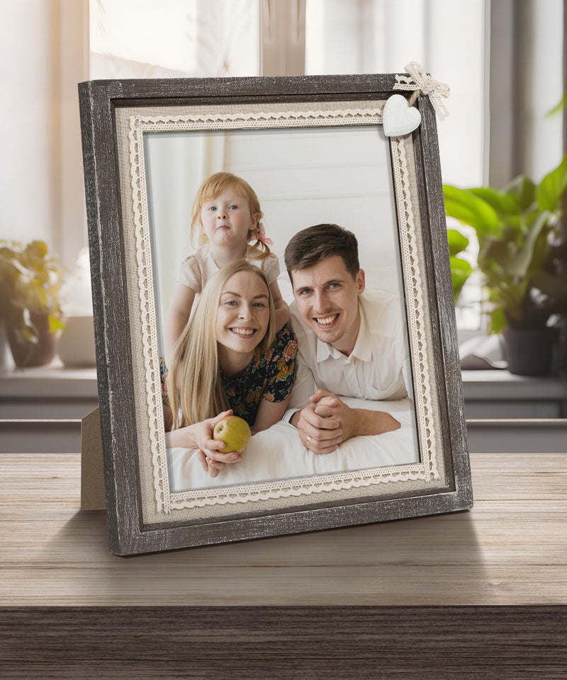 Sapowerntus 8x10 Picture Frames Rustic Wood Farmhouse Cute Heart Love Solid Wooden Family Photo Frame Lace Bow Glass Boho Wall Decor Hanging Tabletop Kids Mom Mother Wedding Gift - Image 2