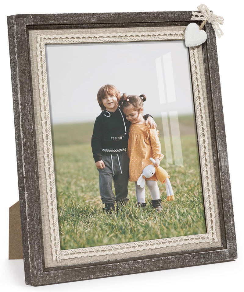 Sapowerntus 8x10 Picture Frames Rustic Wood Farmhouse Cute Heart Love Solid Wooden Family Photo Frame Lace Bow Glass Boho Wall Decor Hanging Tabletop Kids Mom Mother Wedding Gift - Image 1