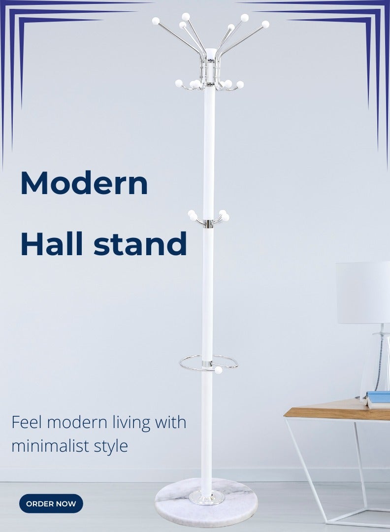 AFT Arfan Metal Coat Rack Stand with Natural Marble Base, Free Standing Hall Tree with 15 Hooks for Hanging Scarf, Bag, Jacket, Home Entry-way Hat Hanger Organizer (White)) - Image 1
