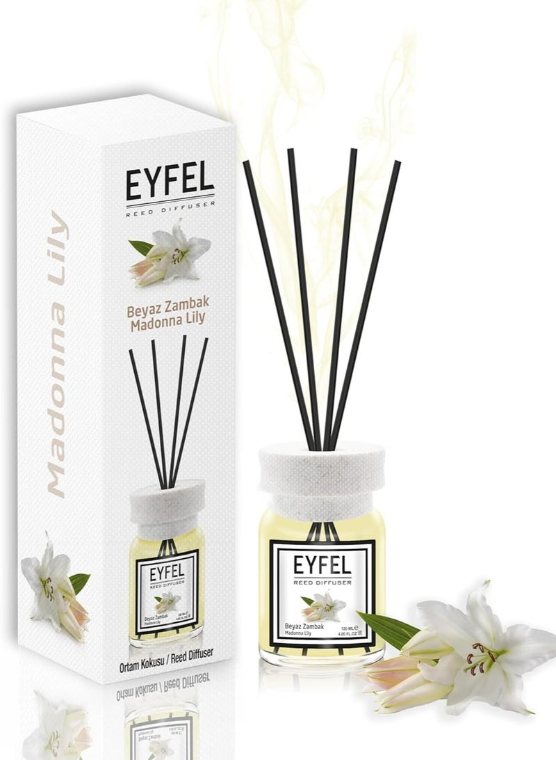 EYFEL Madonna Lily Reed Diffuser Set – 120ML Premium Long-Lasting Home Fragrance with Elegant Diffuser Sticks for Bathrooms, Living Spaces, Offices, Shops & Showrooms  - Image 1