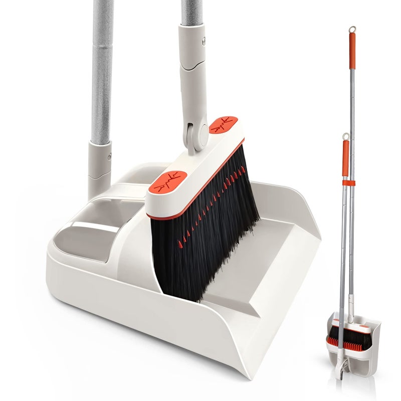 JEHONN Broom and Dustpan Set for Home Long Handle Lightweight 180 Degree Rotating Broom Set Indoor Upright Standing Dust Pan with Comb Teeth Store Sweep Set for Room Kitchen Office Grey  Red