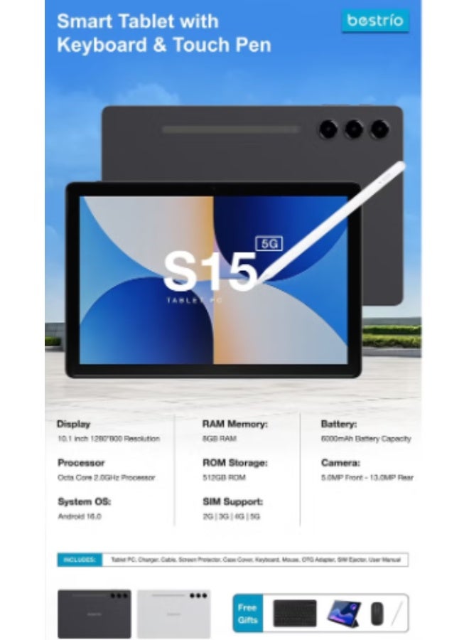 BESTRIO جهاز S15 اللوحي بتقنية 5G - شاشة عالية الدقة 10.1 بوصة، ذاكرة وصول عشوائي 8 جيجابايت، ذاكرة تخزين داخلية 512 جيجابايت، معالج ثماني النواة، نظام تشغيل أندرويد 16، يدعم شريحتين SIM وبطارية 6000 مللي أمبير - Image 3